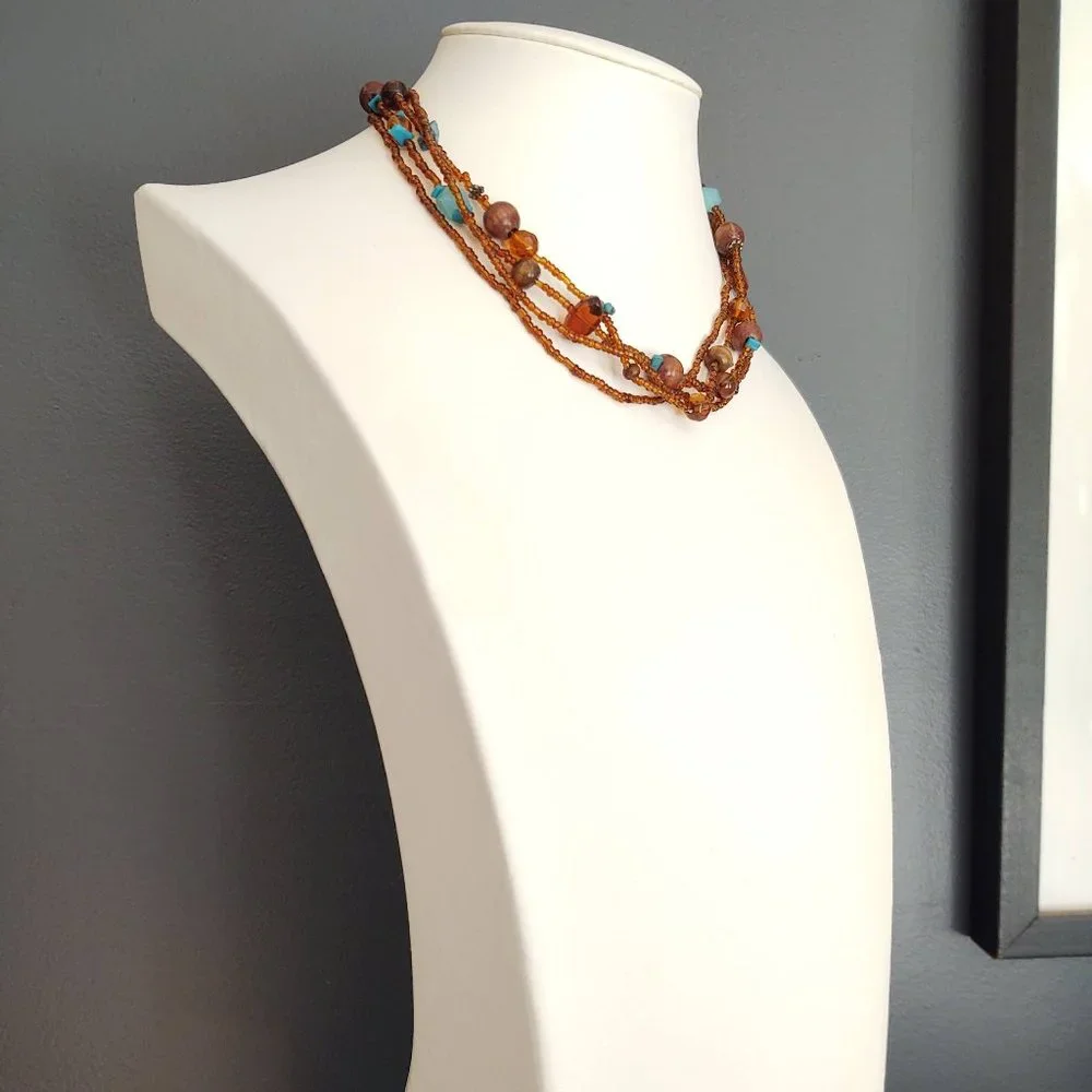 Amber and blue tones-seed bead and wood bead multi strand necklace